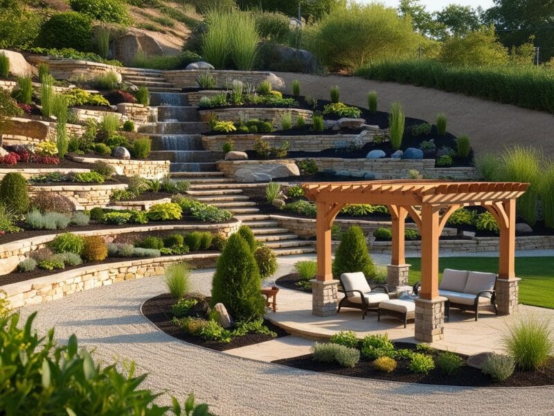 Grădină terasată cu pergolă și elemente decorative bine integrate
Un exemplu inspirat de cum pot fi combinate funcționalitatea și estetica într-o grădină aflată pe un teren înclinat. Terasele bine delimitate cu ziduri de piatră susțin vegetația bogată și variată, în timp ce o cascadă decorativă aduce prospețime și dinamism spațiului. Pergola din lemn, amplasată pe o zonă plană, creează un loc confortabil pentru relaxare și socializare – dovada că un teren dificil poate deveni un peisaj de poveste, dacă este bine gândit.

