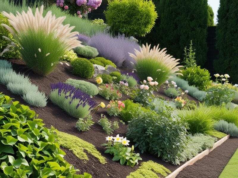 Această imagine exemplifică modul în care plantele atent alese pot transforma o pantă într-o grădină stabilă și atrăgătoare. Lavanda, iarba de Pampas, trandafirii și alte plante perene contribuie nu doar la frumusețea vizuală, ci și la consolidarea solului. Diversitatea în texturi, înălțimi și culori adaugă profunzime și ritm pe un teren înclinat.


