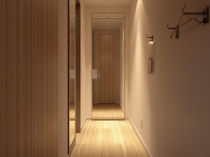 hol mic modern cu mobilier suspendat și iluminat cald