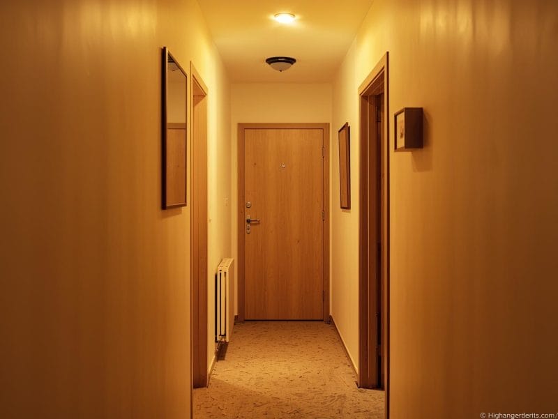 Hol îngust și luminos cu pereți alb-crem și lumină artificială caldă, decor simplu și primitor.