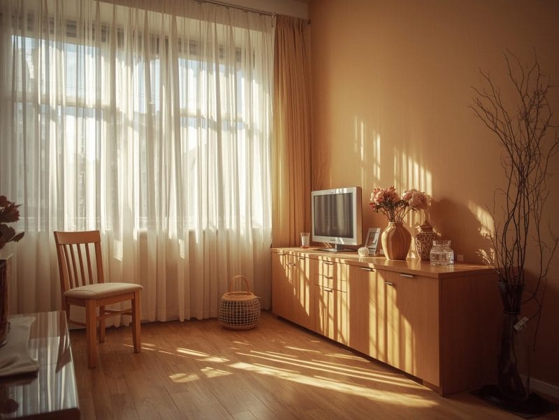 Living românesc luminat natural, cu pereți bej cald și mobilier din lemn deschis, ilustrând modul în care lumina accentuează nuanțele pereților.